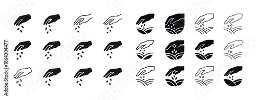 Set of hand icons pouring seeds in various styles