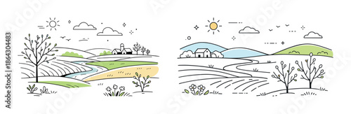 Colorful and monochrome countryside landscape with hills and trees