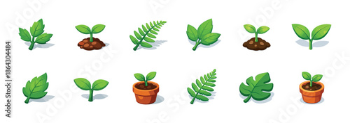 Collection of cartoon plant illustrations with leaves and sprouts