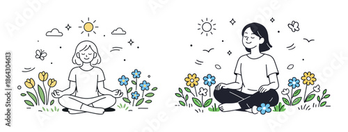 Young females practicing meditation outdoors surrounded by nature elements