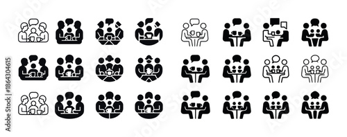 Diverse business meeting icons: collaboration and discussion in