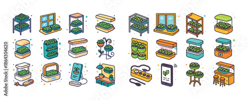 Colorful indoor hydroponics and smart gardening equipment illustrations