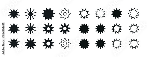 Black and white starburst icon set in various geometric designs