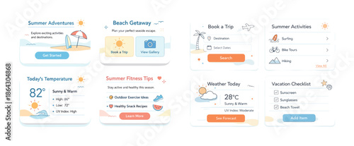 Interactive summer adventure and vacation planning interface design elements