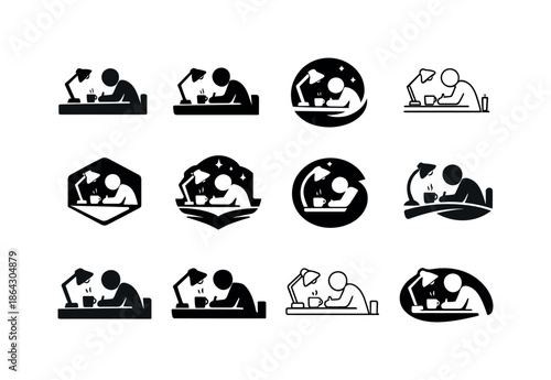 Late Night Icons. someone continuing to work late into the night, focused. Icon set. Set Logo of someone continuing to work late into the night, focused: desk