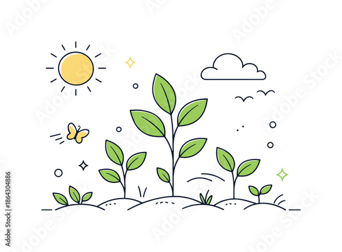 Springtime Renewal Vector. Nature renewal composition. Clean vector scene with fresh leaves, rising stems and open space, calm hopeful mood expressing life