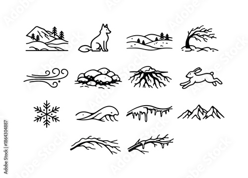 Winter Animal Icons. Snowy landscapes with animals in winter habitats. Line icon set of snowy landscapes with animals in winter habitats: icy hillside, fox