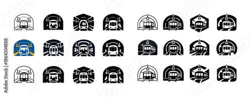 Collection of various train icon designs in different styles and shapes