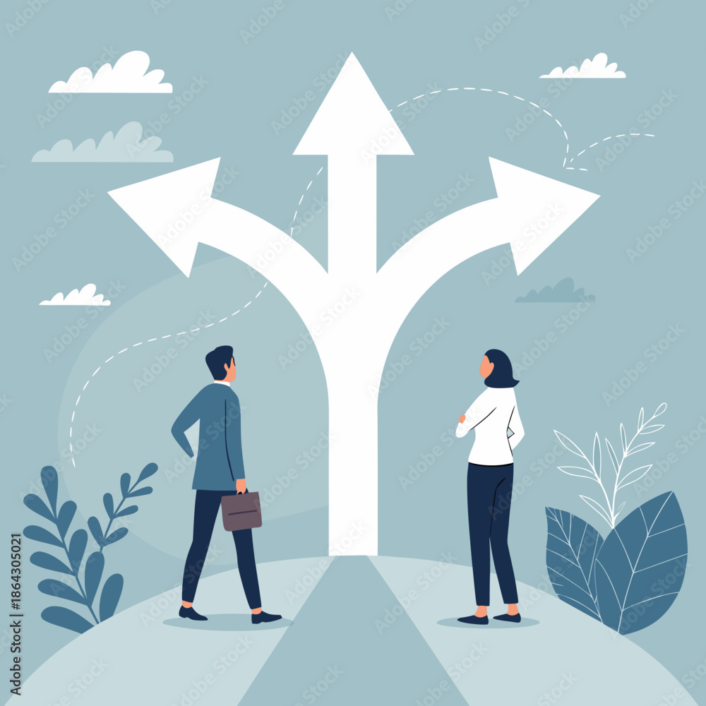 Obraz premium Two professionals considering multiple directional choices in a conceptual flat vector illustration