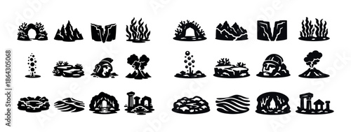 Set of black and white nature and mythological element icons and symbols