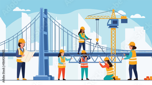 Construction workers building a suspension bridge with cranes.