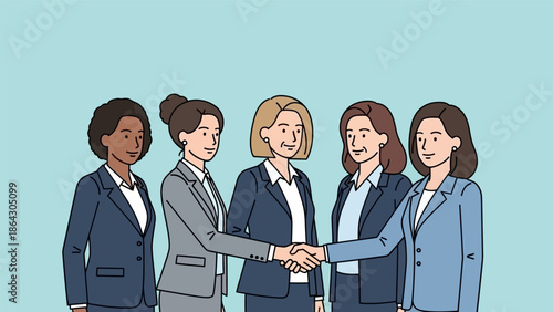 Diverse group of professional women in business attire shaking hands.