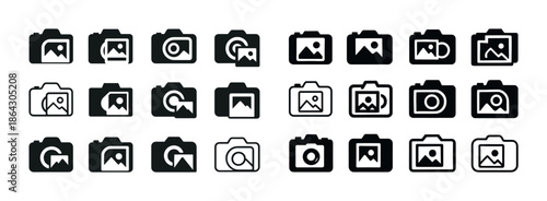 Set of 24 camera and photography icons in black and white design