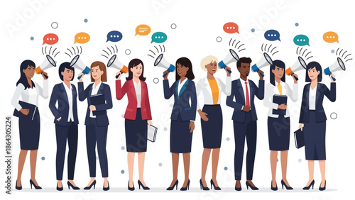 Diverse group of business professionals communicating with megaphones.