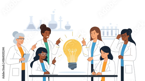 Diverse group of scientists collaborating in a laboratory setting.