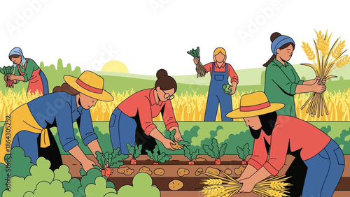 Group of farmers harvesting crops in a field together.