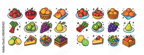 Colorful array of fruits and berries in bowls and baskets