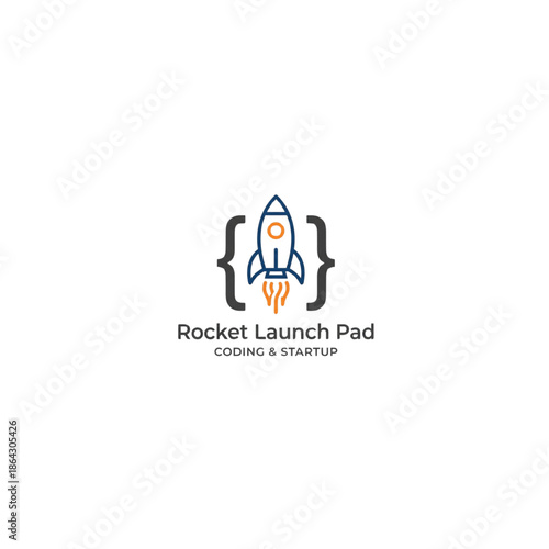 Rocket launch pad logo with coding and startup concept