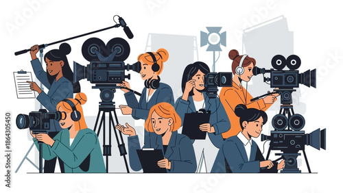 Film crew working together on a movie production set with various equipment.