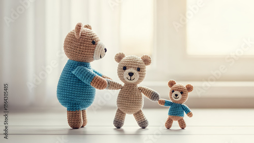 Crocheted teddy bears family holding hands by the window in daylight. Care and Emotional Support Concept with Cute Knitted Characters