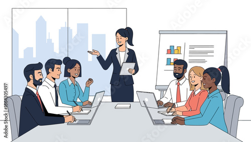 Business meeting with diverse team discussing project on laptop.