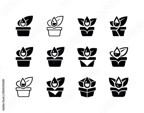 Self-Watering Plant Icons. Self-watering indoor plants. Icon set. Set Logo of Self-watering indoor plants: moisture indicator leaf. harmonious logo variations