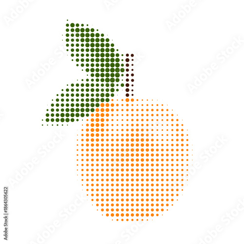 Halftone illustration of apricot with green leaves in pop art style. Retro dotted texture effect, bright orange and green colors, isolated on white background, stylized fruit design.