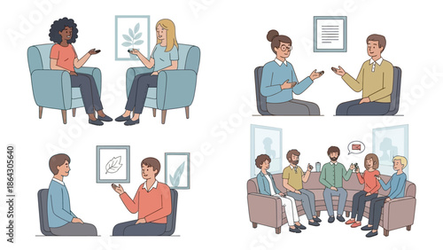 Counseling sessions with diverse individuals in various settings.