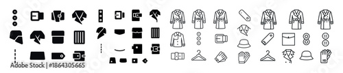 Clothing icons: jackets, hats, collars, buttons, gloves