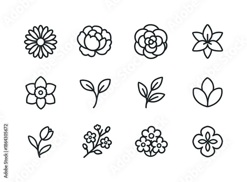 Garden Blossom Icons. Garden blossoms. Line icon set of Garden b