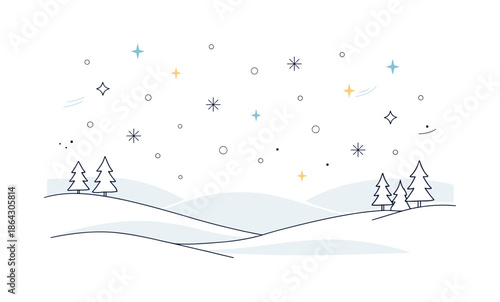 Minimal Winter Scene. Snow and winter backdrop. Minimal snow scene with layered hills, tree silhouettes and falling snowflakes, soft and open layout for winter