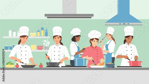 Diverse group of chefs preparing food in a commercial kitchen.