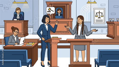 Courtroom Scene with Lawyers and Judge in Session.