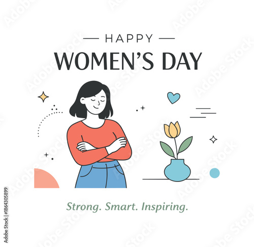 Modern Women's Day Card. Women?s Day modern card template. Minimal geometric layout with abstract shapes and subtle decorative elements, expressing confidence