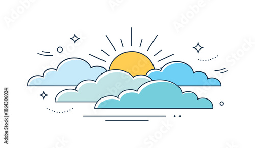 Sunny Clarity. Hopeful sky illustration. Sunshine gently breaking through cloud layers, symbolizing clarity after uncertainty. Calm, minimal stock illustration