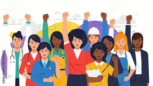 Diverse group of professionals celebrating together in a vibrant illustration.