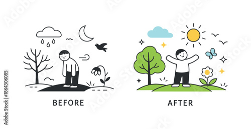 Seasonal Contrast Illustration. Nature before and after. A clean editorial composition showing seasonal contrast through simple shapes and colors.