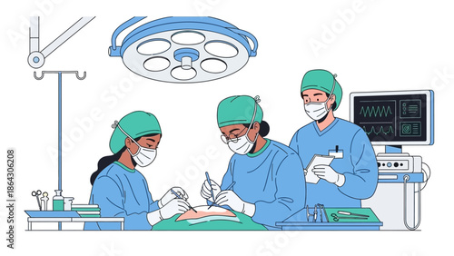 Surgeons performing an operation in a hospital operating room.