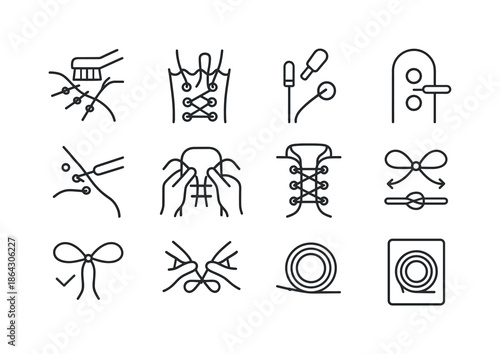 Footwear Care Icons. Footwear Care During Lacing. Line icon set