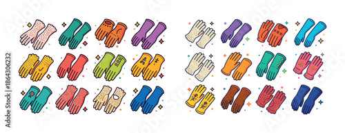 Colorful assorted gloves collection with artistic patterns and designs