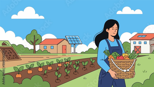 Woman harvesting fresh produce from a sustainable garden.