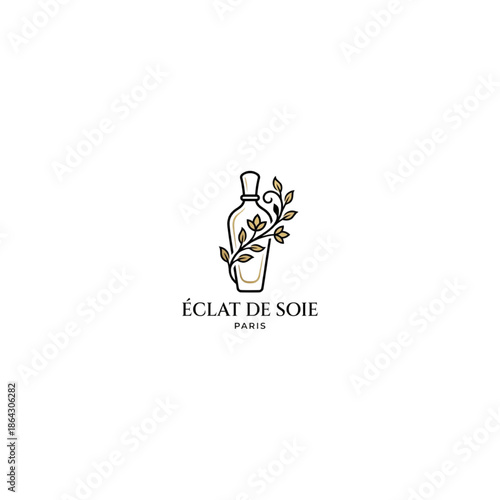 Elegant perfume bottle logo with floral design and Parisian charm