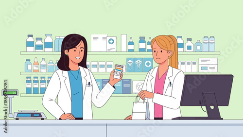 Two female pharmacists discussing medication at the pharmacy counter.