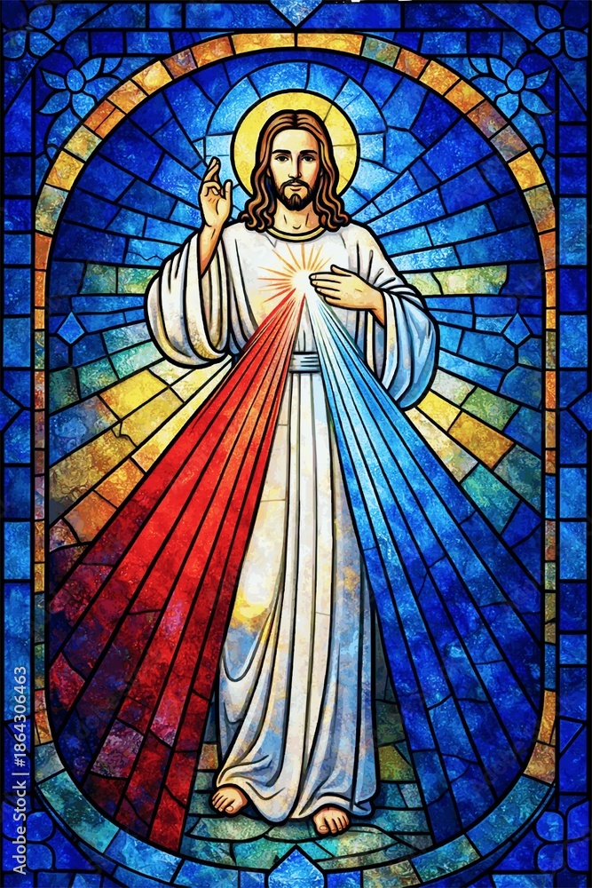 Ταπετσαρία Divine Mercy Jesus Christ Stained Glass Style Christian Vector Illustration with