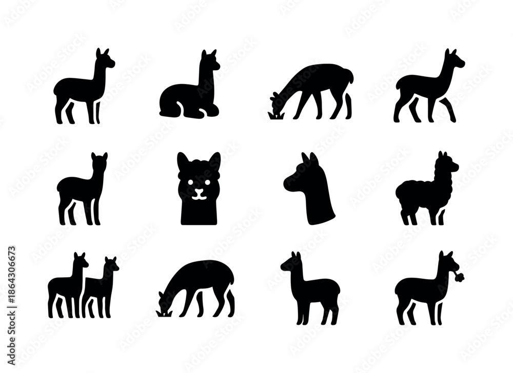Fototapeta premium Alpaca Icons Collection. Alpacas grazing. Solid icon set of alpa
