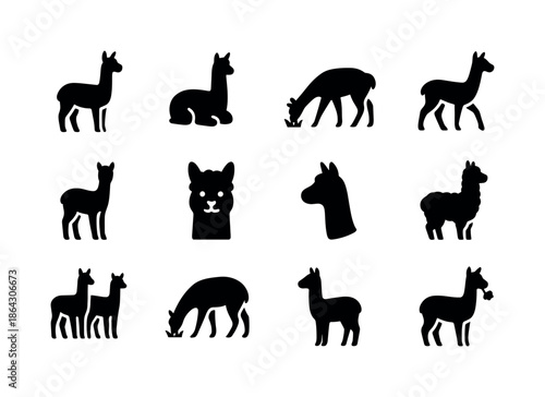 Alpaca Icons Collection. Alpacas grazing. Solid icon set of alpa