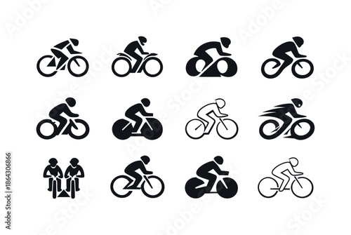 Cyclist Logo Variations. Biking. Icon set. Set Logo of biking: cyclist silhouette. harmonious logo variations of the same emblematic concept, each with