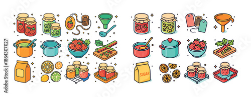 Colorful array of homemade jam ingredients and kitchen tools