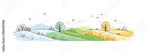 Minimalist Landscape Evolution. Landscape in transition. A wide horizon where ground textures gently move from one state to another, suggesting time passing.