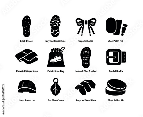 Sustainable Footwear Icons. Sustainable footwear accessories. Solid icon set of sustainable footwear accessories: cork insole, recycled rubber sole, organic